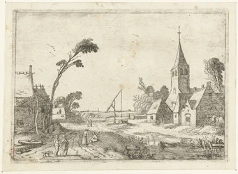 Vista del pueblo con granjas, iglesia y pozo Paisajes paisajísticos (título de la serie)