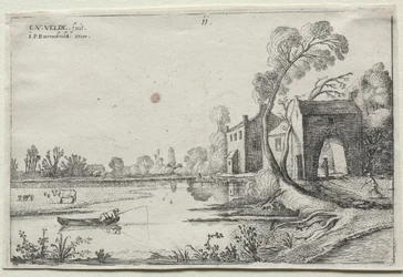 Paisaje con un río y una casa de entrada