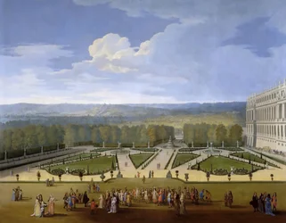 Luis XIV y su corte en un paseo por los jardines de Versalles