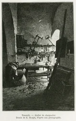 Taller de carpintería en Nazaret. Grabado por E. Ronjat, ilustración de la historia La Siria de hoy, por M. Lortet, decano de la Facultad de Medicina de Lyon, encargado de una misión científica por el Ministerio de Educación Pública, publicado en el Tour d