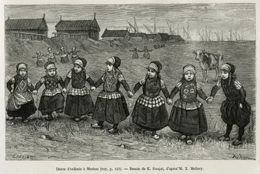 Bailes infantiles en Marken (Países Bajos), grabado según un dibujo de E.Ronjat, para ilustrar la historia de los Países Bajos, por Charles de Coster, en 1878, publicado en Le tour du monde, bajo la dirección de Edouard Charton