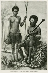 Pareja fijiana. Grabado por E. Ronjat para ilustrar la historia Paseos en Oceanía, por Aylic Marin, en Le tour du monde 1887, dirigido por Edouard Charton (1807-1890), Hachette, París