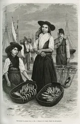 Vendedoras de pescado, con el traje tradicional de mujer: falda corta y corpiño plisado con botones de plata, cubierto por un ancho sombrero de fieltro negro. Grabado de E. Ronjat, para ilustrar el relato “Una semana en Lisboa”, de Jules Leclercq