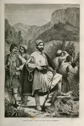 Bandidos y pastores griegos, cómplices en las montañas, dibujo de E.Ronjat, para ilustrar la historia de Henri Belle: Viaje a Grecia