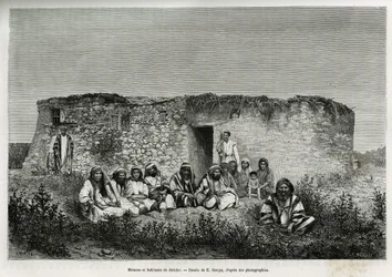 Casas y habitantes de Jericó (Cisjordania). Grabado de E.Ronjat, para ilustrar la historia de Siria hoy, por M.Lortet, decano de la Facultad de Medicina de Lyon, encargado de una misión científica por el Ministerio de Educación Pública, publicado en el Tou