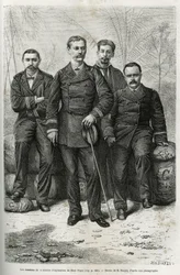 Miembros de la misión de exploración: (de izquierda a derecha:) Sr. Pietri, teniente de artillería, a cargo de la conducción del convoy, Comandante Gallieni, autor de la historia, Dr. Tautain, médico naval, reclutas por su conocimiento de etnografía e hist