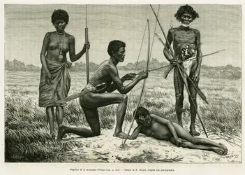 Negritos de la montaña Yriga. Grabado de E.Ronjat para ilustrar la historia Lucon y Palaouan, seis años en Filipinas, de Alfred Marche (1844-1898), en Le Tour du Monde 1886, dirigido por Edouard Charton (1807-1890), Hachette, París.