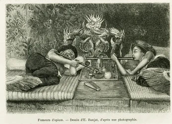 Fumadores de opio. Grabado de E. Ronjat, después de una fotografía, para ilustrar la historia Treinta meses en Tonkín en 1884, por el Doctor Hocquard, en Le Tour du monde 1889, dirigido por Edouard Charton (1807-1890), Hachette, París.