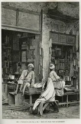 Comerciantes de perlas en Jaffa (Israel). Ilustración de La Siria de hoy, por M. Lortet, decano de la Facultad de Medicina de Lyon, encargado de una misión científica por el Ministerio de Educación Pública, publicado en Le tour du monde