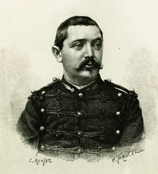 Retrato del Capitán Pietri, de la artillería naval, durante la expedición a África 1879-1882, bajo el mando de Gallieni. Grabado por E. Ronjat, para ilustrar la historia “Exploración del Alto Níger” (actual Mali) por el Comandante Gallieni