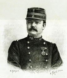 Retrato del Capitán Valliere, de la infantería naval, durante la expedición a África bajo el mando de Gallieni. Grabado de E.Ronjat, según una fotografía, para ilustrar la historia “Exploración del Alto Níger (Alto Níger)” (actual Mali) por el Comandante