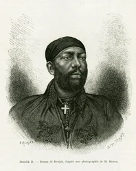 Retrato del Príncipe Menelik II de Etiopía (1844-1913). Grabado por Ronjat, para ilustrar la historia Voyage au Choa (Abyssinie méridionale)