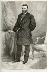 Retrato de Ulysses Grant (1822-1885), general estadounidense, jefe de las tropas de la Unión durante la guerra de Secesión y 18.º presidente de los Estados Unidos durante dos mandatos, de 1869 a 1877. Grabado a partir de un dibujo de E. Ronjat, para