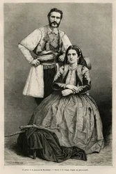 Retratos del príncipe Nicolás I Petrović-Njegoš de Montenegro (1841-1921) y de su esposa Milena, de soltera Vukotić (1847-1923), dibujo de E. Ronjat para ilustrar el viaje a Montenegro, en 1874, de Charles Yriarte (1832-1898). Grabado en Le Tour du