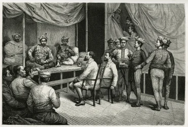 Recepción de viajeros en el palacio del sultán de Soulou (o Sulu) (archipiélago de Filipinas), Mohammed Yamalul Alam. Grabado de E.Ronjat, para ilustrar la historia “Viaje a Filipinas”.