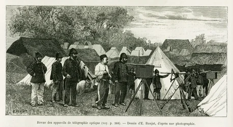 Revisión de aparatos de telegrafía óptica. Ilustración de la historia Trente mois au Tonkin, en 1884, por el doctor Paul Hocquard, en Le tour du monde 1890, bajo la dirección de Edouard Charton (1807-1890), Hachette, París