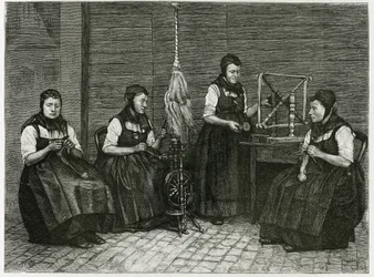 Esparcidores de Sondernach, descripción de las diferentes etapas del hilado, mano, huso y husillo. Ilustración de la historia “Atravers l