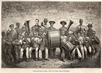 La banda de los niños de la misión de Gabón. Grabado según el dibujo de E.Ronjat, para ilustrar el crucero en la costa de África, por el Vicealmirante Fleuriot de Langle, en 1868, publicado en “Le tour du monde” 1876, editado por Edouard Charton, edición H