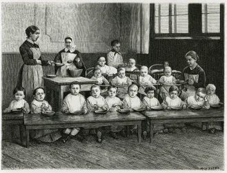 La comida de los niños en la guardería. Grabado por E. Ronjat, para ilustrar la historia 