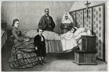 La consulta del médico en el hospicio de Logelbach. Grabado por E. Ronjat, para ilustrar la historia "A través de Alsacia y Lorena", en 1884, por Charles Grad (1842-1890), diputado alemán, escritor y naturalista. Publicado en Le Tour du monde