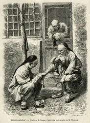 El pedicuro ambulante, una escena común de la vida cotidiana en las ciudades chinas. Grabado según el dibujo de E.Ronjat, para ilustrar el viaje a Pekín y el norte de China, por T.Choutze, en 1873, publicado en Le tour du monde, 1876, editado por Edouard C
