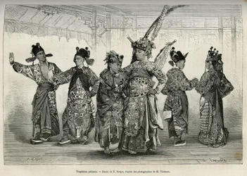 Tragediantes de un teatro pekinés, especializados en dramas históricos y mitológicos. Grabado según el dibujo de E.Ronjat, para ilustrar el viaje a Pekín y el norte de China, por T.Choutze, en 1873, publicado en Le tour du monde, 1876, editado por Edouard 