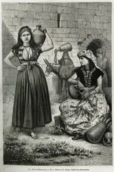 Mujeres llevando jarras, cerca del pozo de Hiram en Tiro. Grabado por E.Ronjat, para ilustrar la historia La Siria de hoy, por M.Lortet, decano de la Facultad de Medicina de Lyon, encargado de una misión científica por el Ministerio de Educación Pública, p