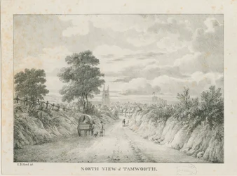 Tamworth - Vista distante desde el norte: litografía, nd [1796-1865]