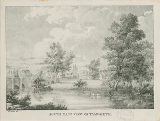 Tamworth - Vista distante desde el sur: litografía, nd [1796-1865]