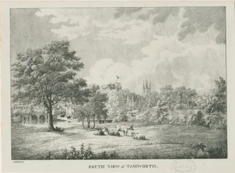 Tamworth - Vista distante desde el sur: litografía, nd [1796-1865]