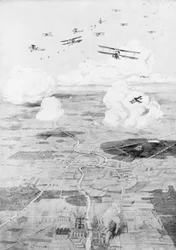 Escuadrón francés en el objetivo, fábricas al borde de un río, 1918, 1926