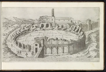 Anfiteatro Castrense de Roma Bouwwerken uit de oudheid (título de la serie) Los vestigios de la antigüedad en Roma recogidos y retratados en perspectiva por Stefano Du Perac Parisino (título de serie sobre objeto)