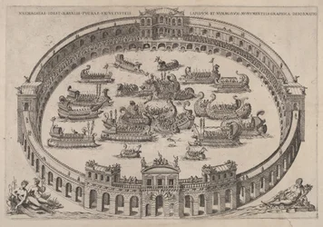 Combate naval dentro de una arena romana, con el río Tíber y ninfas