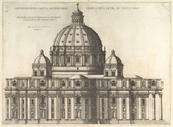 Speculum Romanae Magnificentiae: Elevación mostrando el exterior de la Basílica de San Pedro, 1558-61