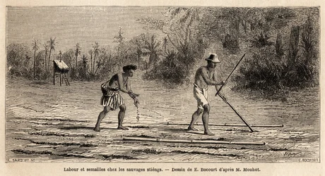 Arado y siembra entre los salvajes Stiengs, habitantes de los bosques de Camboya, dibujo de E.Bocour, para ilustrar el viaje de Henri Mouhot a través de los reinos de Siam, Camboya y Laos de 1858 a 1861. Grabado en “Le tour du monde”, editado por