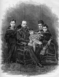 Retrato de la Familia Imperial Rusa en 1881: Zar Alejandro III (1845-1894) y María Feodorovna (o Fiodorovna, o Fedorovna) (María Sofía Dagmar)
