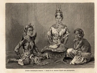 Artistas dramáticos siameses, dibujo de E. Bocour, para ilustrar el viaje de Henri Mouhot a los reinos de Siam, Camboya y Laos de 1858 a 1861. Grabado en “Le tour du monde”, editado por Edouard Charton