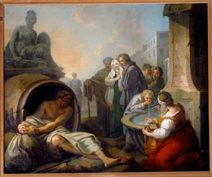 Diógenes rompe su cuenco. Diógenes de Sinope, llamado el Cínico (413-327 a. C.), filósofo griego, abandona su cuenco tras ver a un niño beber agua de sus manos en la fuente. Pintura de Étienne Jeaurat (1699-1789), siglo XVIII. Altura 1,62 x 1,95 m. París