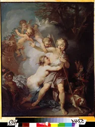 ""Venus And Adonis"" (Venus y Adonis) Pintura de Etienne Jeaurat (1699-1789) Alrededor de 1750 Moscú, Museo Pushkin