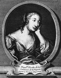 Medallón retrato de Marie-Madeleine Pioche de La Vergne, condesa de La Fayette (1634-1693), novelista francesa, grabado de Etienne Jehandier Desrochers (1668-1741).