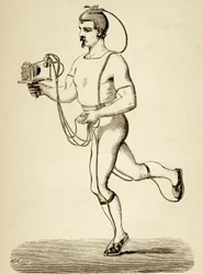 Corredor provisto del aparato destinado a registrar sus diferentes ritmos, de la Popular Science Monthly, pub.1875