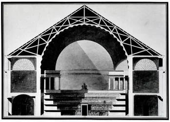 Biblioteca Real de Francia, sección transversal del edificio. Arquitectura de Etienne Louis Boullee (Etienne-Louis Boullee), arquitecto francés (1728-1799)