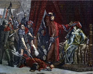 Guerra de los Cien Años: «El delfín Carlos, después Carlos V (1338-1380), el primer delfín de Francia, y Étienne Marcel (1302/1310-1358), que asesinó a dos ministros, los mariscales Robert de Clermont y Jean de Conflans, en la habitación del delfín de