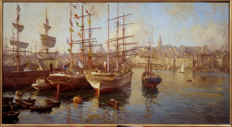 Balacelas de color naranja. (Vista del puerto de Marsella). Pintura de Etienne Martin (1858-1945)