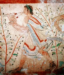 Un flautista. Detalle de un fresco, siglo V a.C.