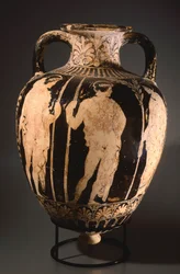Ánfora con punta del Pintor de Perugia. Cerámica de figuras rojas de Perugia (Umbría). Civilización etrusca, siglo IV a.C.