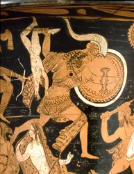 Antigüedad etrusca: crátera de campana que representa la destrucción de Troya: detalle que muestra a Neoptólemo arrojando a Astianacte, hijo de Héctor, por encima de las murallas. Procedente de Falerii Veteres (Civita Castellana). 350-300 a. C. Roma