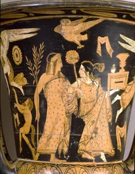 Antigüedad etrusca: crátera de campana que representa la destrucción de Troya: detalle con Dioniso y Ariadna. Procedente de Falerii Veteres (Civita Castellana). 350-300 a. C. Roma, Museo Nazionale di Villa Giulia