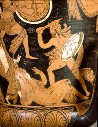 Antigüedad etrusca: crater campaniforme que representa la destrucción de Troya: detalle que representa a Príamo asesinado por Neoptólemo. De Falerii Veteres (Civita Castellana). 350-300 a.C. Roma, Museo Nazionale di Villa Giulia