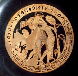 Antigüedad etrusca: detalle de un kílix que representa a Dioniso y Ariadna. Procedente de Falerii Veteres (Civita Castellana), siglo VI a. C. Roma, Museo Nazionale di Villa Giulia